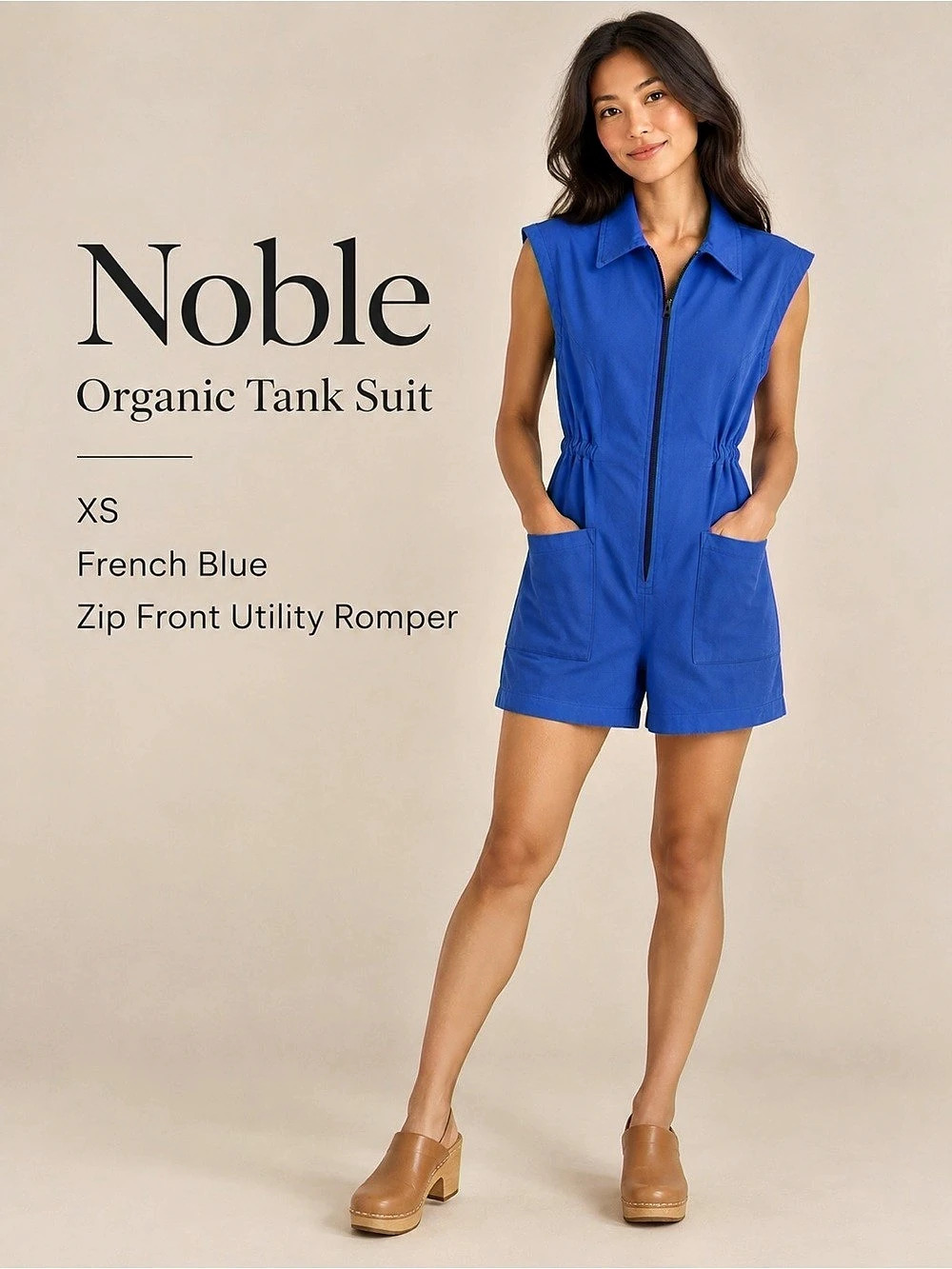 Noble Organic Tank Suit French Blue Zip Front Utility Romper XS